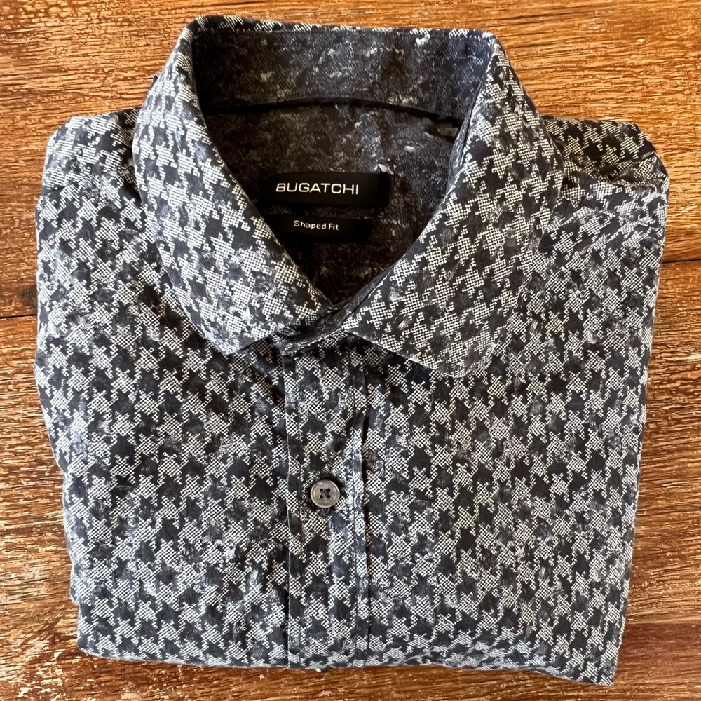 Bugatchi Shaped Fit Shirt Houndstooth Long Sleeve Button Down Large Black Gray - Picture 15 of 16